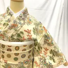 〔4755〕着物 小紋 正絹 袷 練色 145~155cm