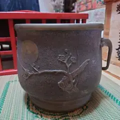 時代火鉢　唐子遊び　獅子持ち耳　宣徳銅　銘:義正　瓶掛 時代火鉢 唐子遊び 獅子持ち耳 宣徳銅 銘:義正 瓶掛