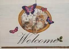 猫のウェルカムボード　ミルクペイント使用　デコパージュ作品