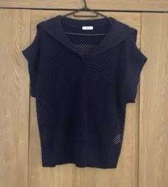 a.v.v メッシュ編み 襟付き　半袖ニット　ネイビー　L