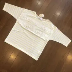 CINEMA CLUB ストライプTシャツ Lサイズ　レース　ホワイト　イエロー