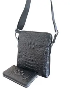 新品 高級牛革 クロコダイル型押し斜めがけ ショルダーバッグ&財布セット