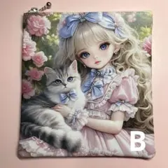 パネルポーチ　女の子とにゃんこ B