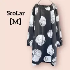 【美品】ScoLarスカラー ドット長袖ワンピース 手書きイラスト風 グレー M