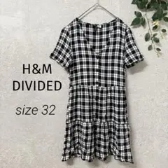 H&M DIVIDED チェック柄 Vネック チュニックワンピース 小柄 白黒