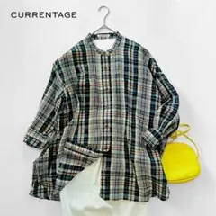 4万　カレンテージ　コットンシルク　チェック　シャツ　バンドカラー　リボン
