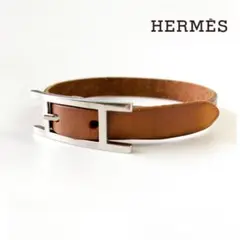 エルメス HERMES ブレスレット アピ 茶色 シルバー 革 金属 バングル