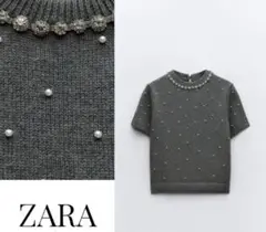 【美品】ZARA ビジュートップス 半袖ニットMサイズ