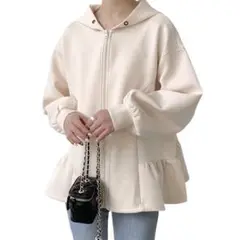 B96 ペプラム フロントジップ パーカー アウター フード　アイボリー