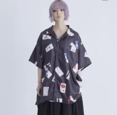 0658 black noise effect 華札の開襟シャツ　black
