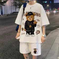 メンズ クマ セットアップ上下 セットアップ Tシャツ ハーフパンツ2点ホワイト