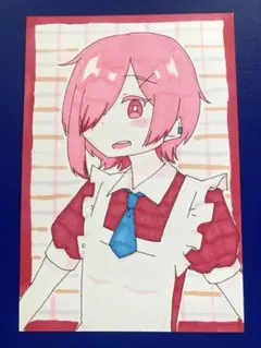 手描きイラスト オリジナル ハガキサイズ 女の子 ⑦ メイド 目隠れ 双子
