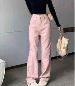 ピンク ストレートデニムパンツ