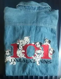 90s　Disney 101匹ワンちゃん　ダルメシアン　刺繍 デニムシャツ　L