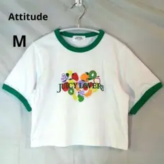 Attitude 短丈 半袖 リンガーTシャツ クロップドTシャツ 白×緑 Ｍ