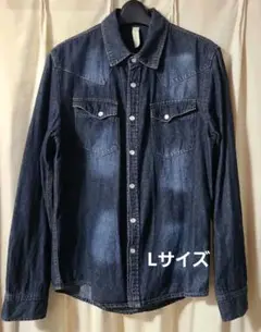 【お値下】メンズ ダメージデニム シャツ ネイビーブルー L 綿100％