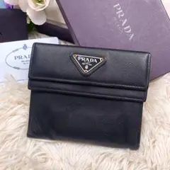 箱付き✨プラダ 三つ折り財布 サフィアーノレザー 三角ロゴ 三角プレート 黒