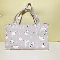 ハンドメイド　シマエナガ　手提げ　トートバッグ　コットン　ピンクグレー