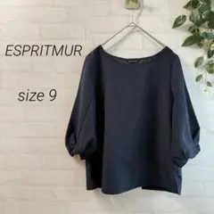 ESPRITMUR デニム風 レース バルーンスリーブ 七分袖ブラウス 9号 紺