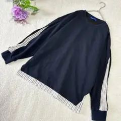 レディーストップス　異素材切替えプルオーバー　大きいサイズ　XL ネイビー