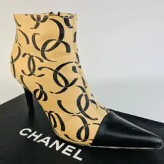 良品★CHANEL・レザー バイカラー ココマーク総柄 ショートブーツ(36)