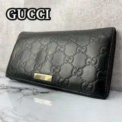 美品 グッチ 長財布 二つ折り GG柄 グッチシマ ゴールド金具 レザー 黒