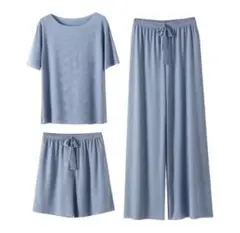 ルームウェア 3点セット 上下セット 半袖＆ロング/ショートパンツ ブルー