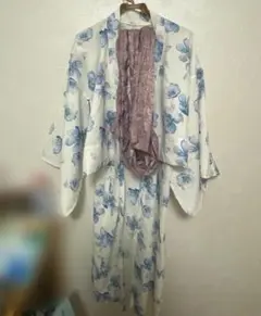 青い花柄 浴衣 帯付き