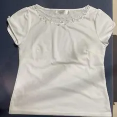 刺繍ビーズ装飾 ホワイト Tシャツ