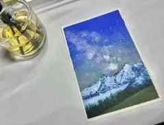 星雪　油絵　油彩画　原画　ハガキ　ポストカード　風景　雪山　星空