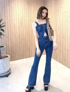 EMODA サロペット デニム パンツ フレア ジップ サロペット 大人気