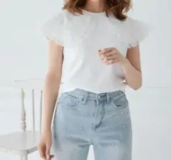 チュール フリル BIGカラー Tシャツ　ノースリーブ　ホワイト フリル SM