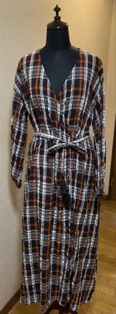 ダメージあり　オゾック　OZOC カシュクール　ロングワンピース　チェック柄