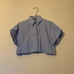 ZARA 青と白のストライプ クロップドシャツ M