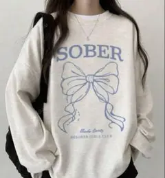 【SHEIN】ブルーのリボンプリント カジュアル長袖Tシャツ／Mサイズ