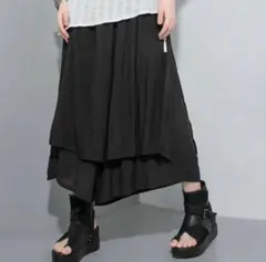 ※サマーセール※ガウチョパンツランダムティアードワイドパンツウエストゴム黒