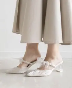 ランダ シアーリボン ビジュー ミュール パンプス　L
