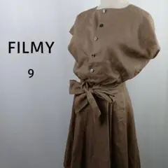 FILMY　半袖　ロングワンピース　9　ブラウン　リネンブレンド　リボン