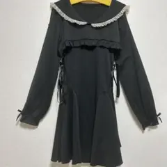 地雷系 ゴスロリ ロリータ リボン レース 襟 黒 ワンピース フリフリ