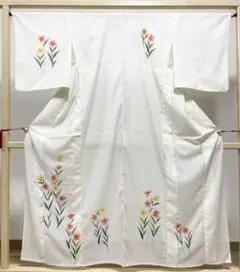 B 美品 夏物 花模様 白 絽 紗 化繊 付下げ 着物