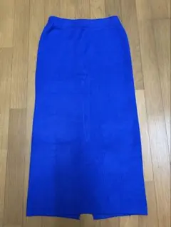 青色リブ編みスリットタイトスカート　ロングスカート　裏起毛