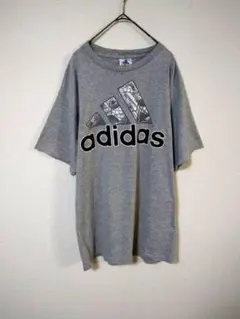 万国旗タグ　アディダス　adidas　Tシャツ　メンズXL　グレー　前面大ロゴ