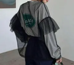 メッシュ フリル付き トップス 黒