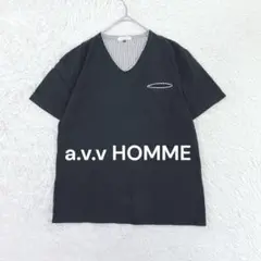 a.v.v HOMME◆Vネック半袖Tシャツ M ネイビー ポイントストライプ♪