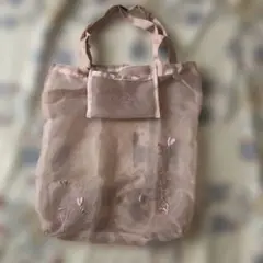 L'Occitane ピンク刺繍付オーガンジーエコバッグ