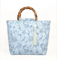 新品★ブルーリリーハイビスカス刺繍バンブーハンドルトートバッグA4OKタッセル付