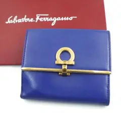 ✨極美品✨ Ferragamo ミニ財布 ガンチーニクリップ ブルー ゴールド