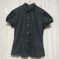 レディース ベネトン 黒 半袖 ボタンシャツ パフスリーブ L