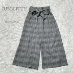 【ジャスグリッティー】ボトムス　ワイドパンツ　リボンベルト付　黒 チェック