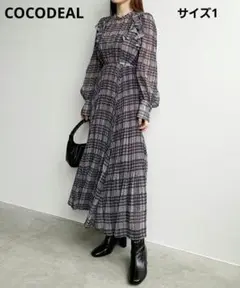 【COCODEAL】チェックプリントプリーツワンピース オフ×チャコール S